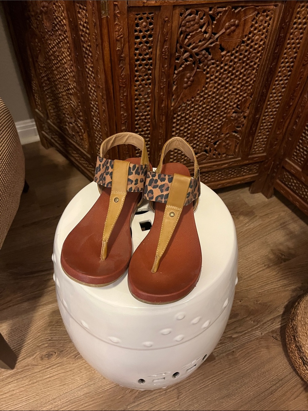 MIA Brown Leather Thong Sandals with Leopard Ankle Strap